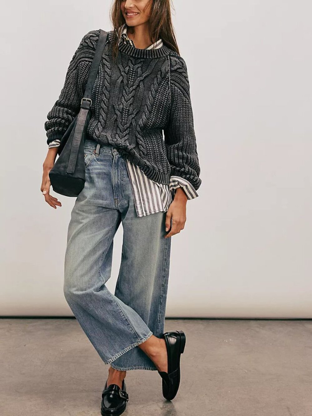 🆕 FREE PEOPLE Frankie Cable Knit Cotton Sweater / Black - Picture 5 of 14